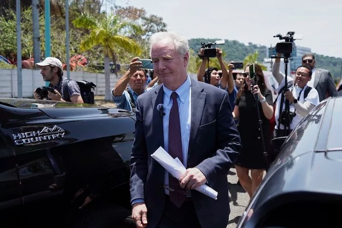 Sen. Chris Van Hollen (D-MD) walks away after speaking to the press in La Libertad, El Salvador, where he arrived to visit Kilmar Abrego Garcia, a Salvadoran citizen who was living in Maryland and deported to El Salvador by the Trump administration, Wednesday, April 16, 2025.