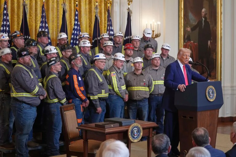 President Donald Trump speaks during an event on energy production in the East Room of the White House, Tuesday, April 8, 2025, in Washington.
