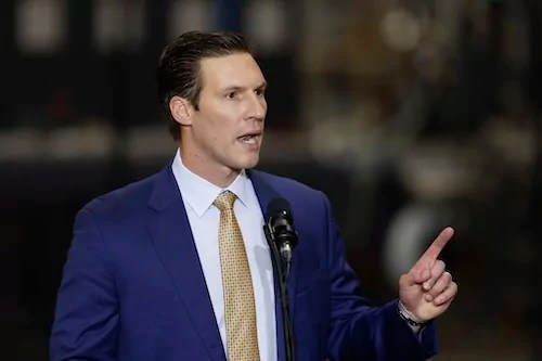 Pat Harrigan, North Carolina Republican congressional candidate for the 10th district, speaks in Mint Hill, N.C., Wednesday, Sept. 25, 2024. (AP Photo/Nell Redmond)