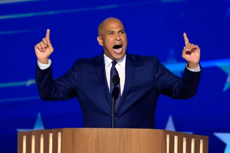 Sen. Cory Booker, D-N.J., speaks during the Democratic National Convention, Wednesday, Aug. 21, 2024, in Chicago. (AP Photo/J. Scott Applewhite)