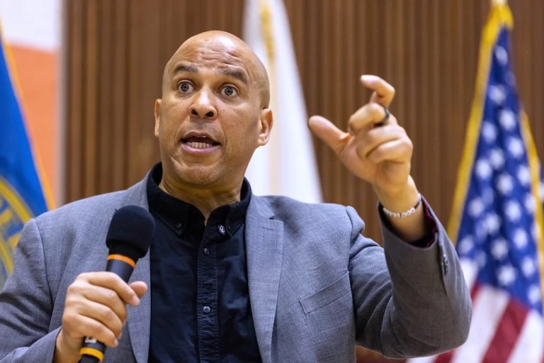 Sen. Cory Booker (D-NJ) speaks at a town hall event held at the Bergen Community College in Paramus, New Jersey, on Saturday, April 5, 2025.