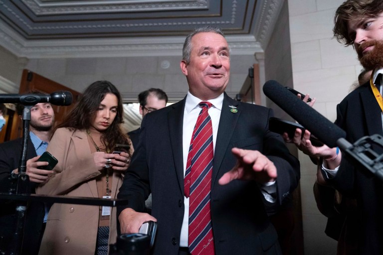 Rep. Don Bacon (NE), a Republican moderate, talks to reporters as he arrives to the Republican caucus meeting at the Capitol in Washington, Tuesday, Oct. 24, 2023.