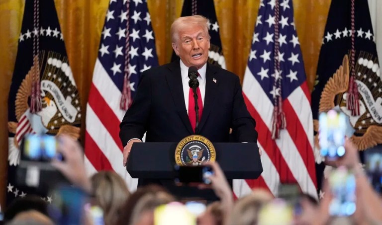 President Donald Trump speaks at a reception celebrating Women's History Month in the East Room of the White House, Wednesday, March 26, 2025,
