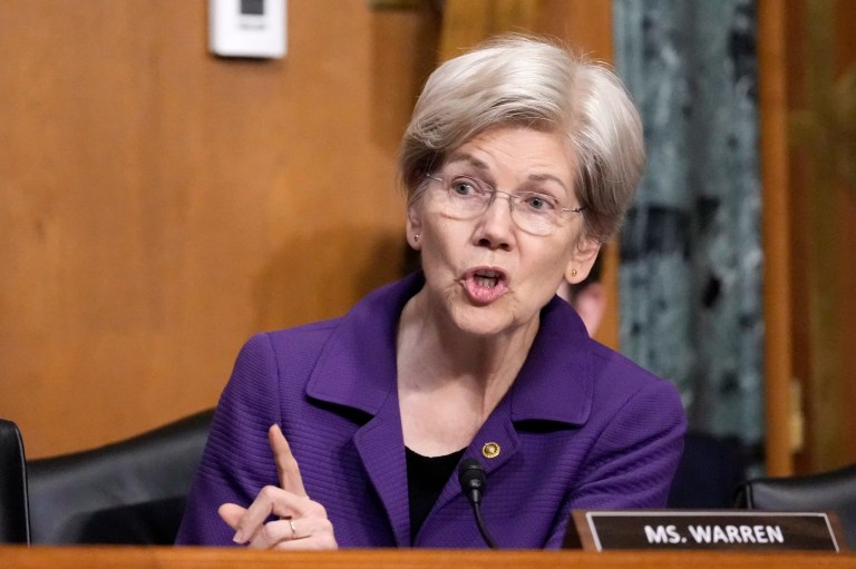 FILE - Sen. Elizabeth Warren, D-Mass., speaks during a confirmation hearing on Capitol Hill in Washington, Friday, March 14, 2025. (AP Photo/Ben Curtis, File)