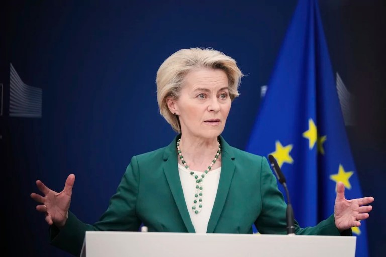 European Commission President Ursula von der Leyen addresses journalists during a media conference at EU headquarters in Brussels, Monday, April 7, 2025.
