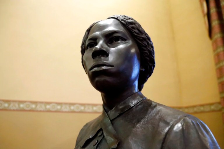 A bronze statue of abolitionist Harriet Tubman is seen during a private viewing ahead of its unveiling at the Maryland State House, Monday, Feb. 10, 2020, in Annapolis. The statue, along with a statue of Frederick Douglass, will be unveiled Monday night in the Old House Chamber, the room where slavery was abolished in Maryland in 1864.