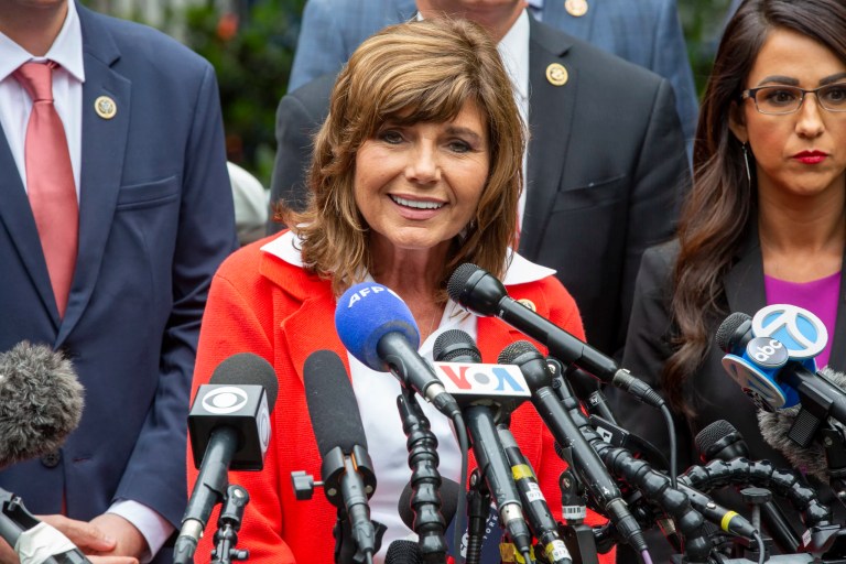 Rep. Diana Harshbarger, R-Tenn, speaks outside the hush money criminal case of former president Donald Trump in New York on Thursday, May 16, 2024. (AP Photo/Ted Shaffrey)