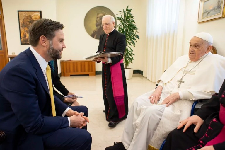 Pope Francis receives U.S. Vice President JD Vance, left, before bestowing the Urbi et Orbi (Latin for to the city and to the world) blessing at the end of the Easter mass presided over by Cardinal Angelo Comastri in St. Peter's Square at the Vatican Sunday, April 20, 2025.