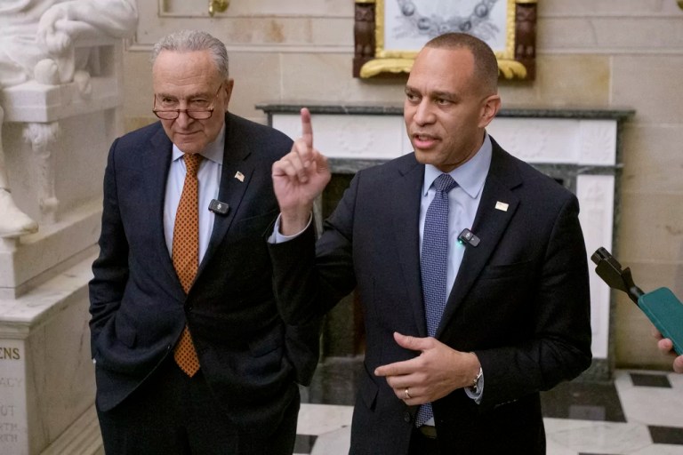 House Minority Leader Hakeem Jeffries (D-NY), right, is joined by Senate Minority Leader Chuck Schumer (D-NY) for a news conference in Statuary Hall at the Capitol, Wednesday, Feb. 12, 2025, in Washington.