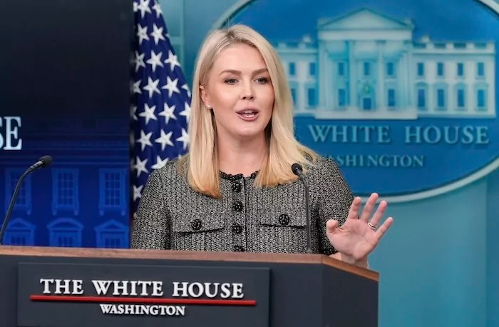 White House press secretary Karoline Leavitt speaks with reporters in the James Brady Press Briefing Room at the White House, Friday, April 11, 2025, in Washington. (AP Photo/Alex Brandon)