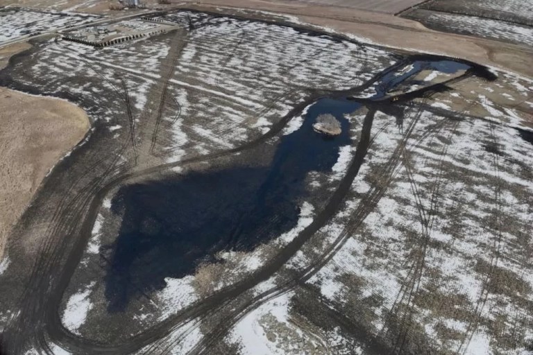This image provided by South Bow shows a spill from the Keystone oil pipeline that occurred Tuesday, April 8, 2025 near Fort Ransom, North Dakota.