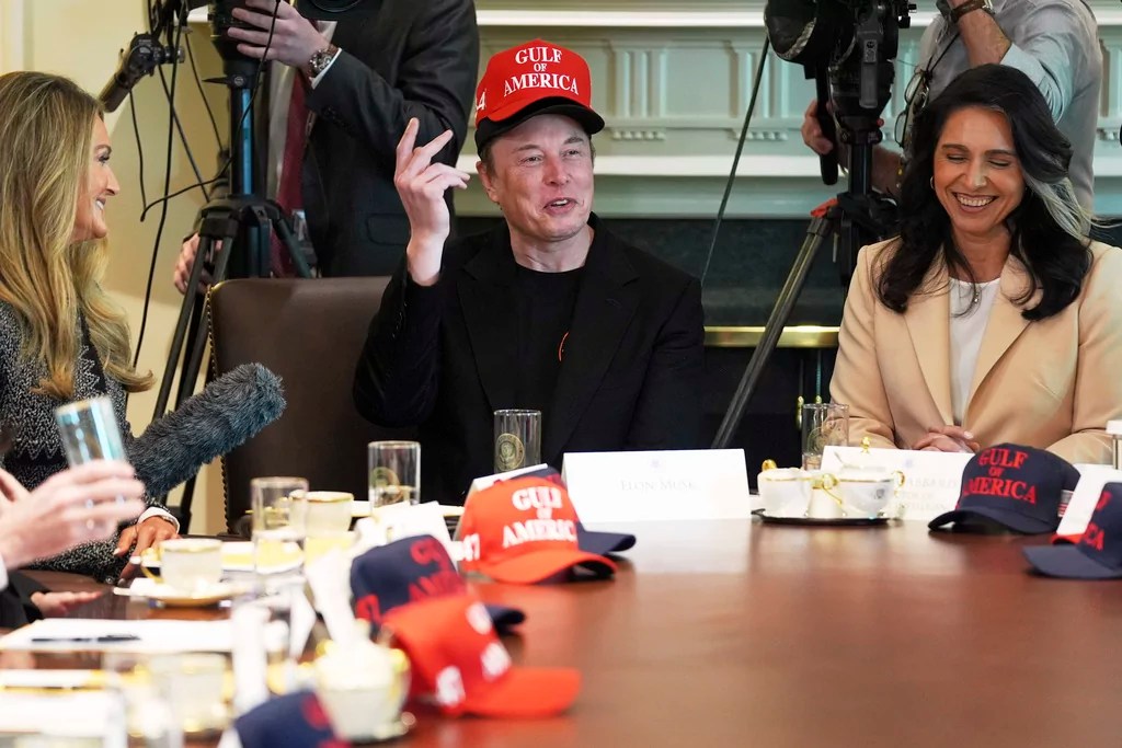 Elon Musk cracks a joke while speaking at President Donald Trump's 100 Days Cabinet meeting at the White House