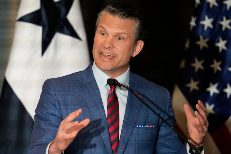 Defense Secretary Pete Hegseth speaks during a press conference in Panama City, Wednesday, April 9, 2025.