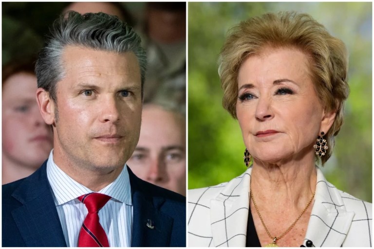 Secretary of Defense Pete Hegseth, left, and Education Secretary Linda McMahon