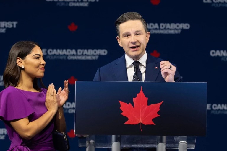 Conservative Leader Pierre Poilievre with his wife Anaida, speaks Tuesday, April 29, 2025 in Ottawa.
