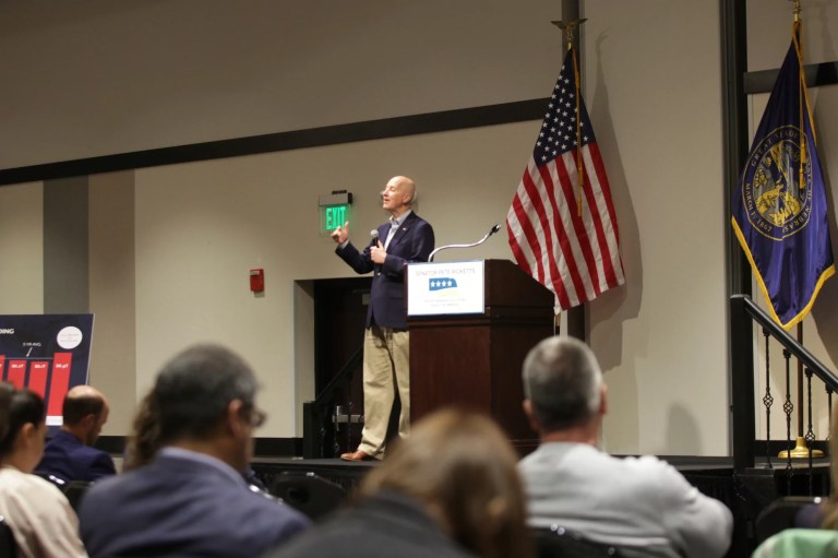 Republican U.S. Sen. Pete Ricketts speaks at a town hall meeting in Kearney, Neb., Thursday, April 24, 2025. (AP Photo/Josh Funk)