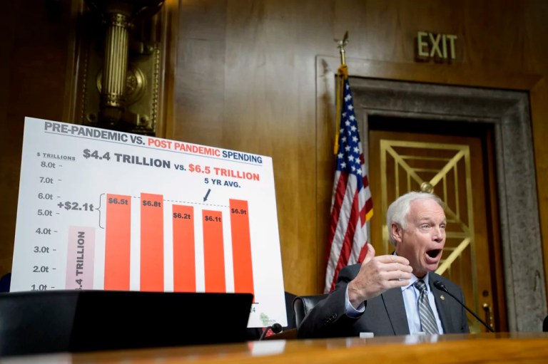 Sen. Ron Johnson (R-WI) questions Russell Vought, President-elect Donald Trump's nominee for director of the Office of Management and Budget, during a Senate Committee on Homeland Security and Governmental Affairs hearing for his pending confirmation on Capitol Hill, Wednesday, Jan. 15, 2025, in Washington.