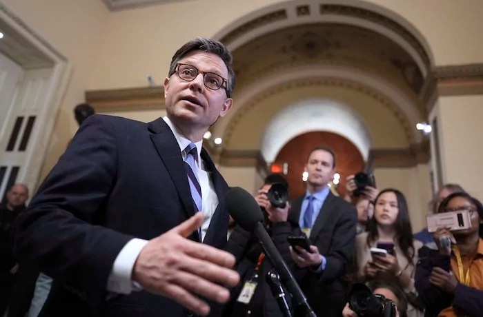 Speaker of the House Mike Johnson, R-La., talks to reporters just after House Republicans approved their budget framework that is central to President Donald Trump's agenda