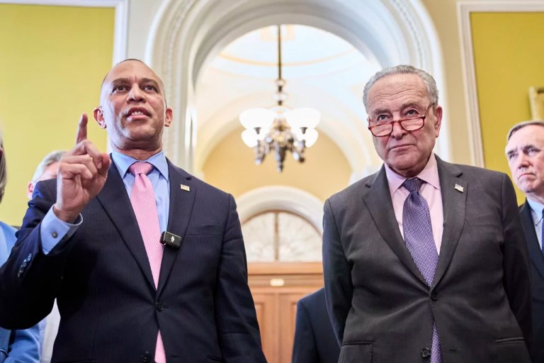 House Minority Leader Hakeem Jeffries, D-N.Y., left, and Senate Minority Leader Chuck Schumer of N.Y., speak to members of the media, Tuesday, April 8, 2025, on Capitol Hill in Washington.