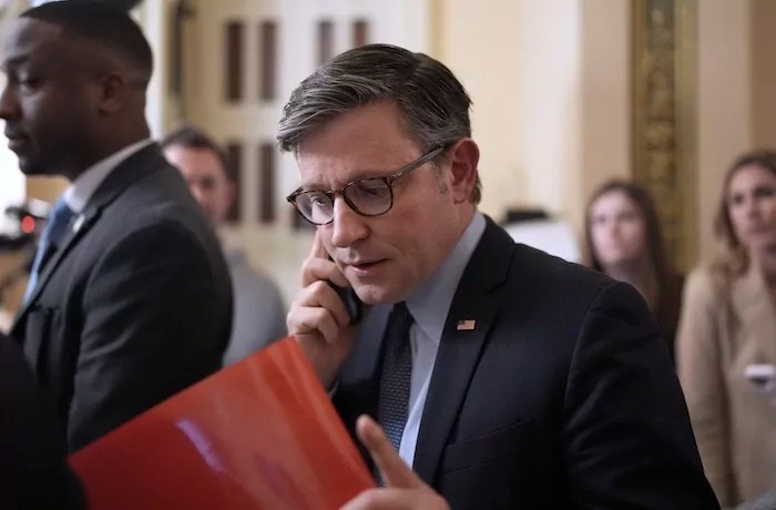 Speaker of the House Mike Johnson, R-La., leaves the chamber after an essential procedural vote passed in the House to advance President Donald Trump's top domestic priorities on spending reductions and tax breaks