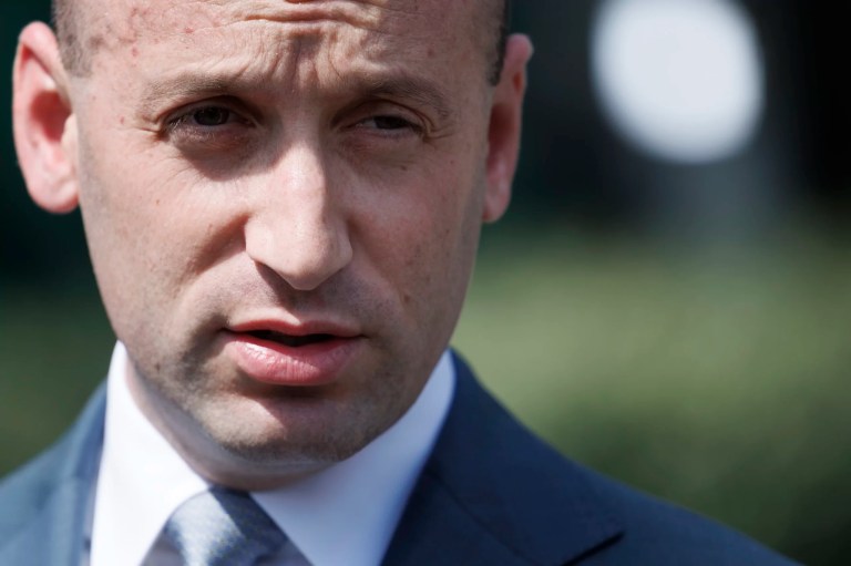 White House deputy chief Stephen Miller speaks with reporters at the White House, Friday, April 18, 2025, in Washington.