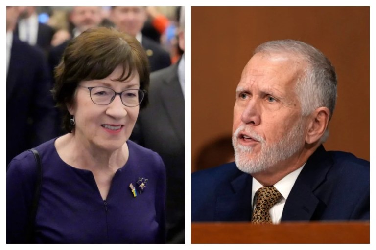 From left: Sen. Susan Collins (R-ME) arrives before President Donald Trump addresses a joint session of Congress at the Capitol in Washington, Tuesday, March 4, 2025, and Sen. Thom Tillis (R-NC) speaks at the Senate Judiciary Committee confirmation hearing for Attorney General Pam Bondi at the Capitol in Washington, Wednesday, Jan. 15, 2025.