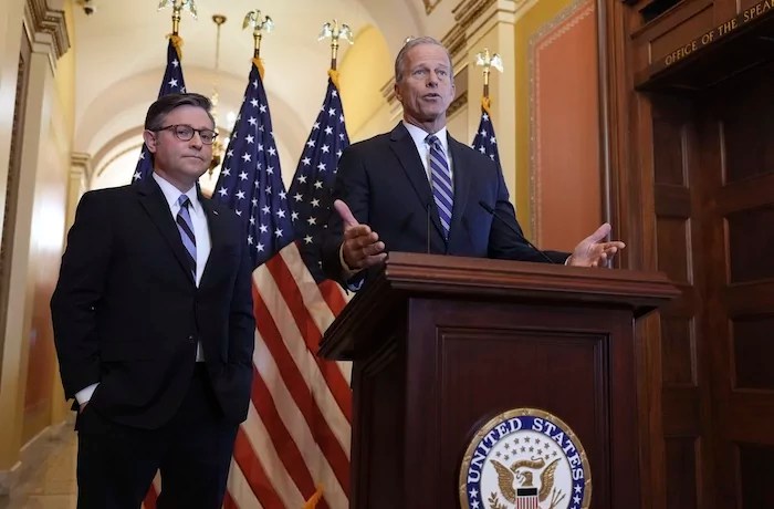 House Speaker Mike Johnson (R-LA), left, and Senate Majority Leader John Thune (R-SD) make statements to reporters ahead of vote in the House to pass a bill on President Donald Trump's top domestic priorities of spending reductions and tax breaks at the Capitol in Washington, Thursday, April 10, 2025.
