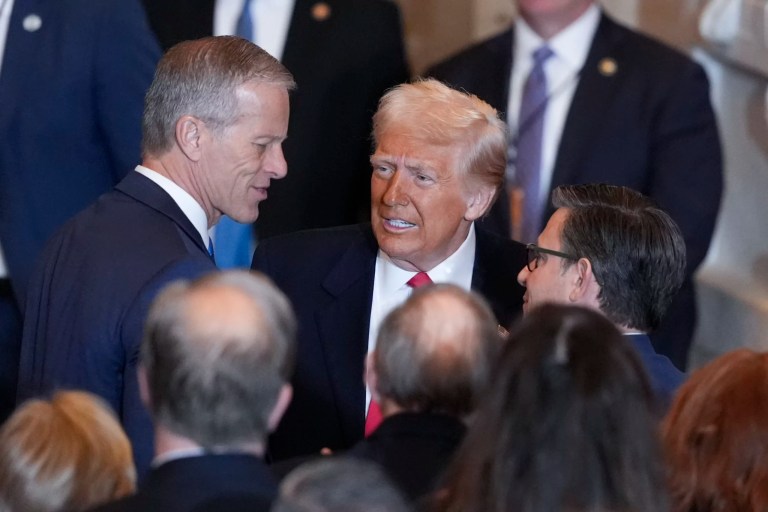 Senate Majority Leader John Thume (R-SD), left, with President Donald Trump.