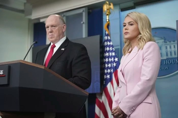 White House press secretary Karoline Leavitt, right, and White House border czar Tom Homan speak with reporters in the James Brady Press Briefing Room at the White House, Monday, April 28, 2025, in Washington.