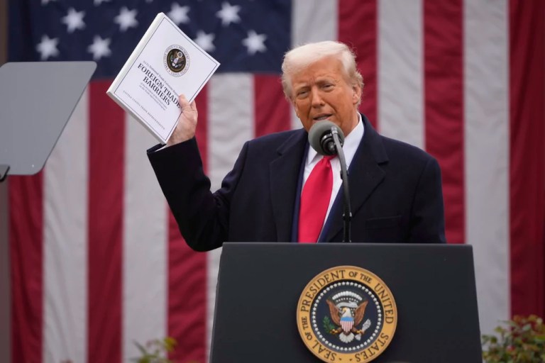 President Donald Trump speaks during an event to announce new tariffs in the Rose Garden at the White House, Wednesday, April 2, 2025, in Washington. (AP Photo/Mark Schiefelbein)