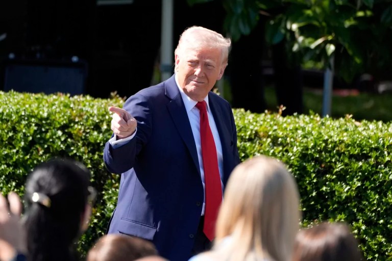President Donald Trump arrives to welcome the Super Bowl champion Philadelphia Eagles NFL football team to the South Lawn of the White House, Monday, April 28, 2025, in Washington.