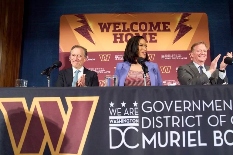 Washington Commanders controlling owner Josh Harris, from left, District of Columbia Mayor Muriel Bowser, and NFL Commissioner Roger Goodell announce a new home for the NFL football team on the site of the old RFK Stadium, Monday, April 28, 2025, at the National Press Club in Washington.