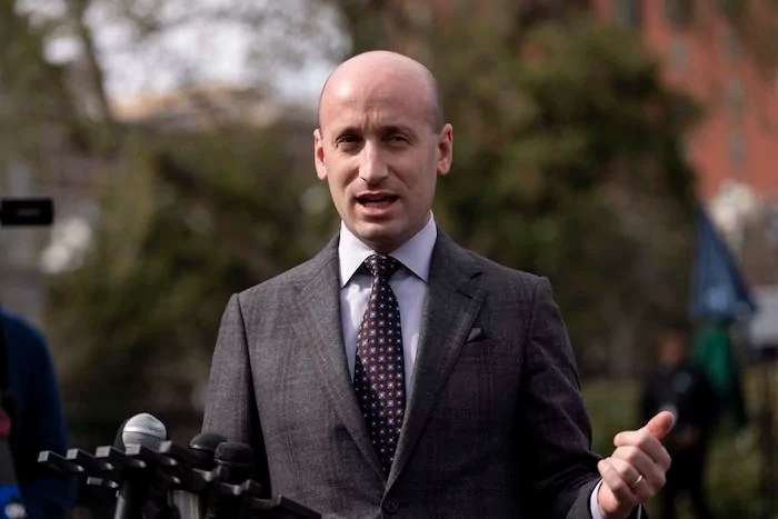 Deputy White House chief of staff Stephen Miller speaks to reporters at the White House in Washington, Wednesday, March 19, 2025.