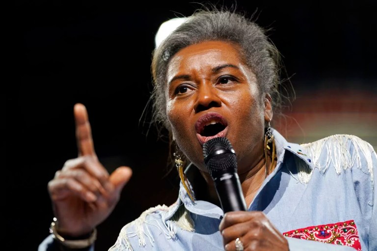Virginia Lt. Gov. Winsome Earle-Sears gestures as she speaks to the crowd during an inaugural celebration Saturday Jan. 15, 2022, in Richmond, Virginia.