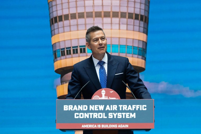 Transportation Secretary Sean Duffy unveils a sweeping plan to modernize the United States's air traffic control system at the Department of Transportation, May 8, 2025.