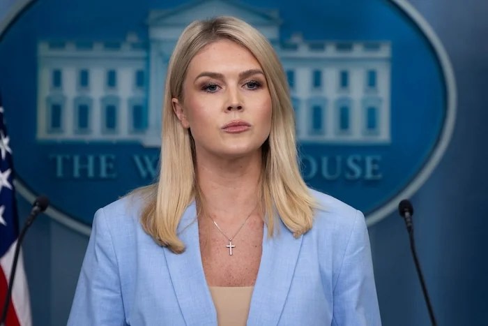 White House press secretary Karoline Leavitt speaks with reporters in the James Brady Press Briefing Room at the White House, Friday, May 9, 2025, in Washington. (Graeme Jennings/Washington Examiner)