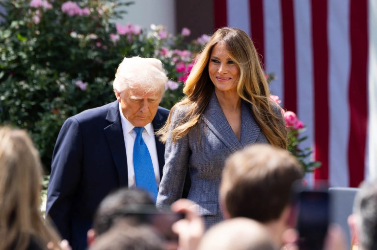 President Donald Trump and first lady Melania Trump togehter during a bill signing ceremony for the Take it Down Act in the Rose Garden of the White House, Monday, May 19, 2025, in Washington.