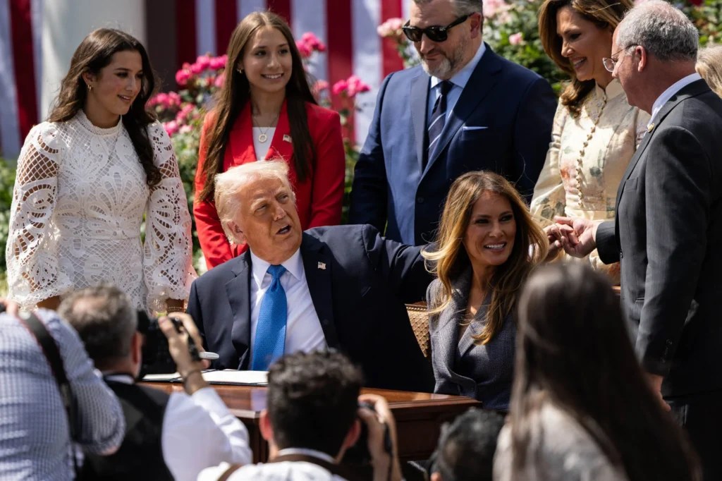 President Donald Trump and first lady Melania Trump together during a bill signing ceremony for the Take it Down Act in the Rose Garden of the White House, Monday, May 19, 2025, in Washington. (Graeme Jennings/Washington Examiner)