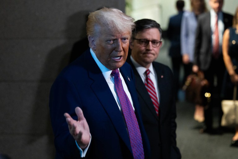 President Donald Trump speaks to reporters alongside Speaker Mike Johnson (R-LA) during a visit at the Capitol to meet with the House Republican Conference on the reconciliation bill on Tuesday, May 20, 2025.