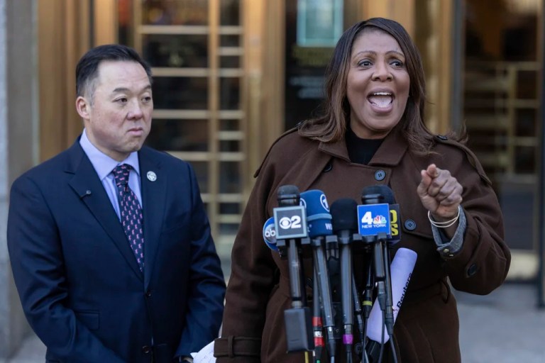 New York Attorney General Letitia James, right, and Connecticut Attorney General William Tong, left, speak during a news conference outside Manhattan federal court, Friday, Feb. 14, 2025, in New York.