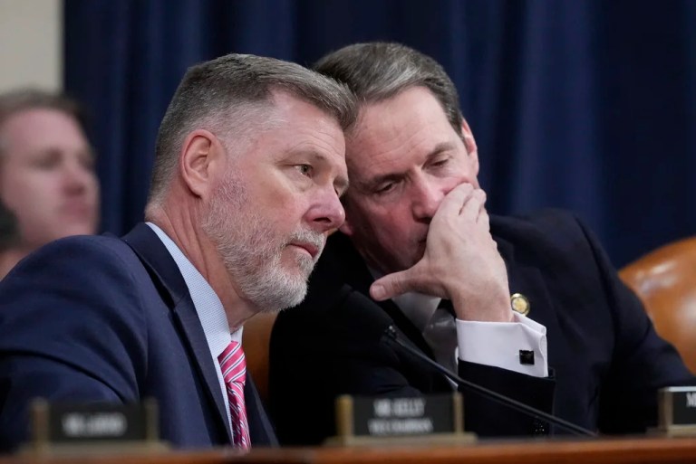 House Intelligence Committee Chairman Rick Crawford (R-AR) left, confers with Rep. Jim Himes (D-CT), the ranking member, as the panel holds a hearing on worldwide threats, at the Capitol, in Washington, Wednesday, March 26, 2025.