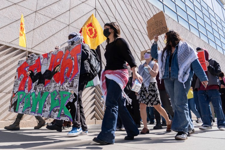 Demonstrators protest outside the Columbia University campus on the Day of Action for Higher Education, Thursday, April 17, 2025, in New York.