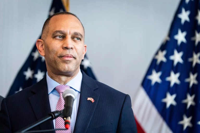 House Minority Leader Hakeem Jeffries (D-NY) looks on at a press conference during the congressional delegation's visit to Denmark at their hotel in Copenhagen, Friday, April 25, 2025.