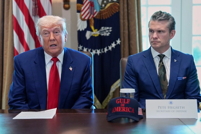 President Donald Trump speaks during a Cabinet meeting at the White House, Wednesday, April 30, 2025, in Washington, as Secretary of Defense Pete Hegseth looks on.