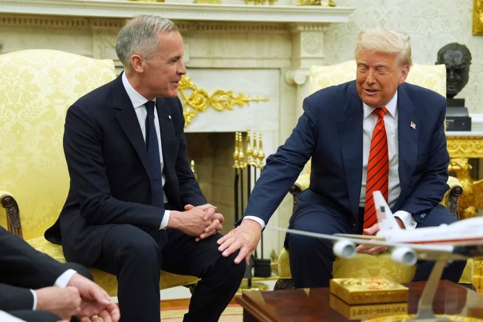 President Donald Trump meets Canadian Prime Minister Mark Carney in the Oval Office of the White House, Tuesday, May 6, 2025, in Washington.