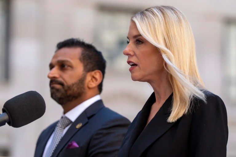 Attorney General Pam Bondi and FBI Director Kash Patel speak during a news conference at the Department of Justice, Wednesday, May 7, 2025, in Washington.