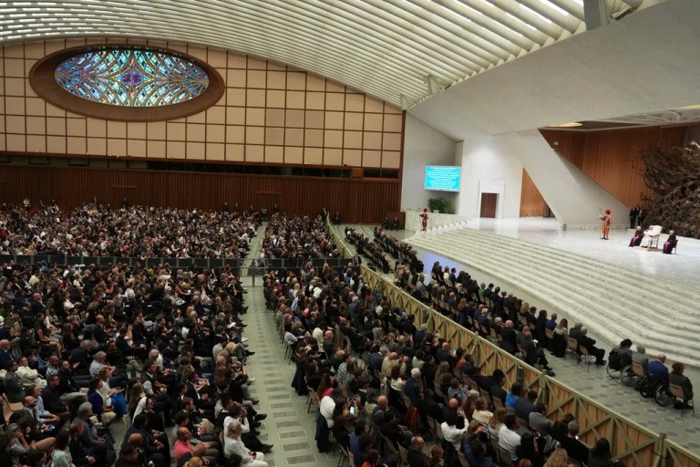 Pope Leo XIV meets with members of the international media in the Paul VI Hall at the Vatican, Monday, May 12, 2025.