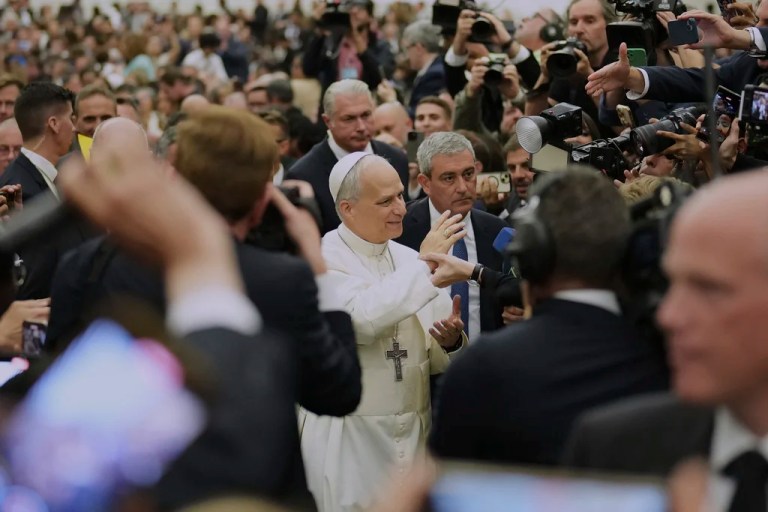 Pope Leo XIV meets members of the international media in the Paul VI Hall at the Vatican, Monday, May 12, 2025.