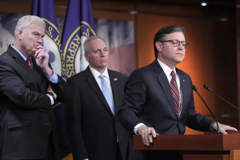 Speaker of the House Mike Johnson (R-LA) joined from left by House Majority Whip Tom Emmer (R-MN) and House Majority Leader Steve Scalise (R-LA), talks to reporters at the Capitol in Washington, April 8, 2025.