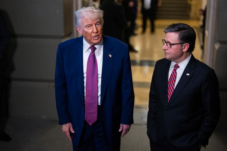 President Donald Trump and Speaker of the House Mike Johnson (R-LA) talk with reporters after a House Republican Conference meeting on the budget reconciliation bill in the U.S. Capitol on Tuesday, May 20, 2025.